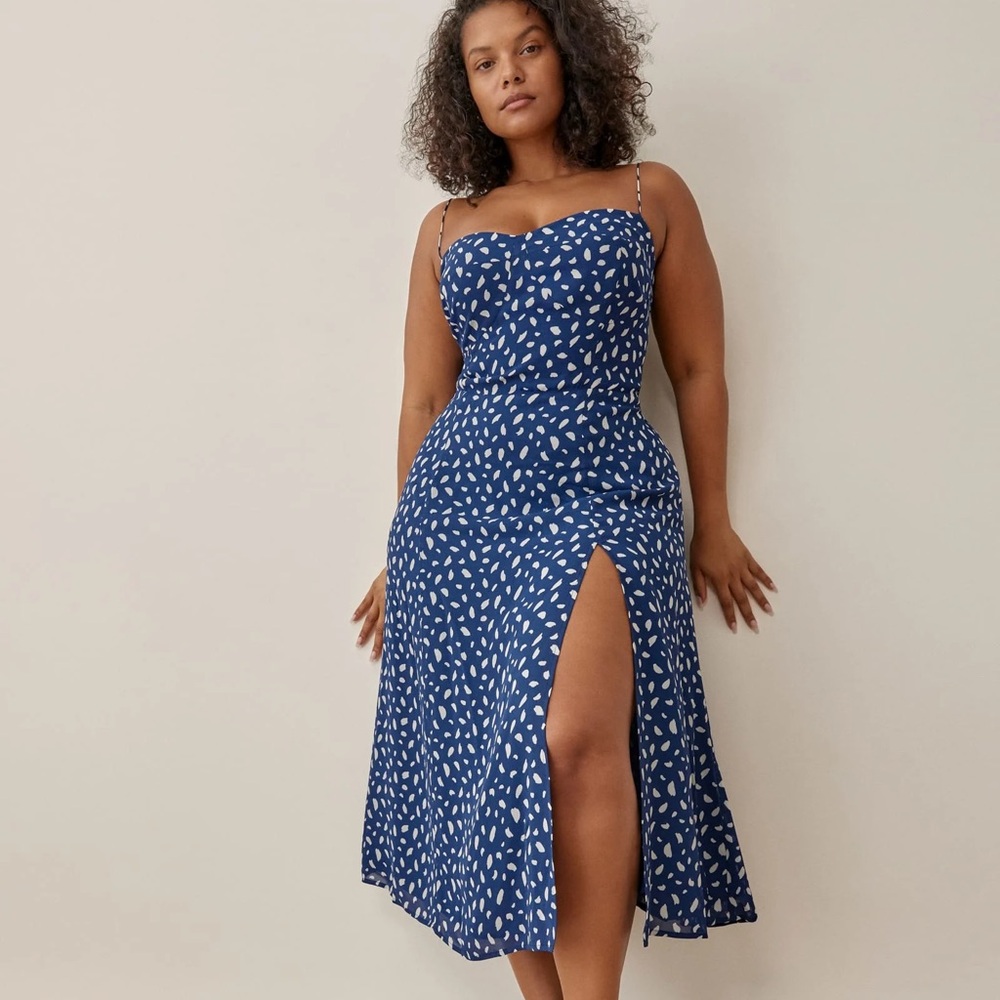 Reformation Blue Printed Midi Dress with Side Slit
